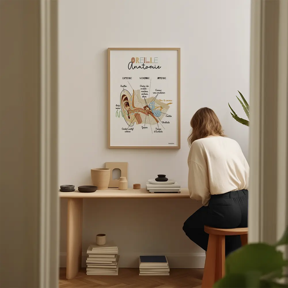 Dessin vu en coupe transversale avec légendes de l'ensemble de l'anatomie de l'oreille interne.