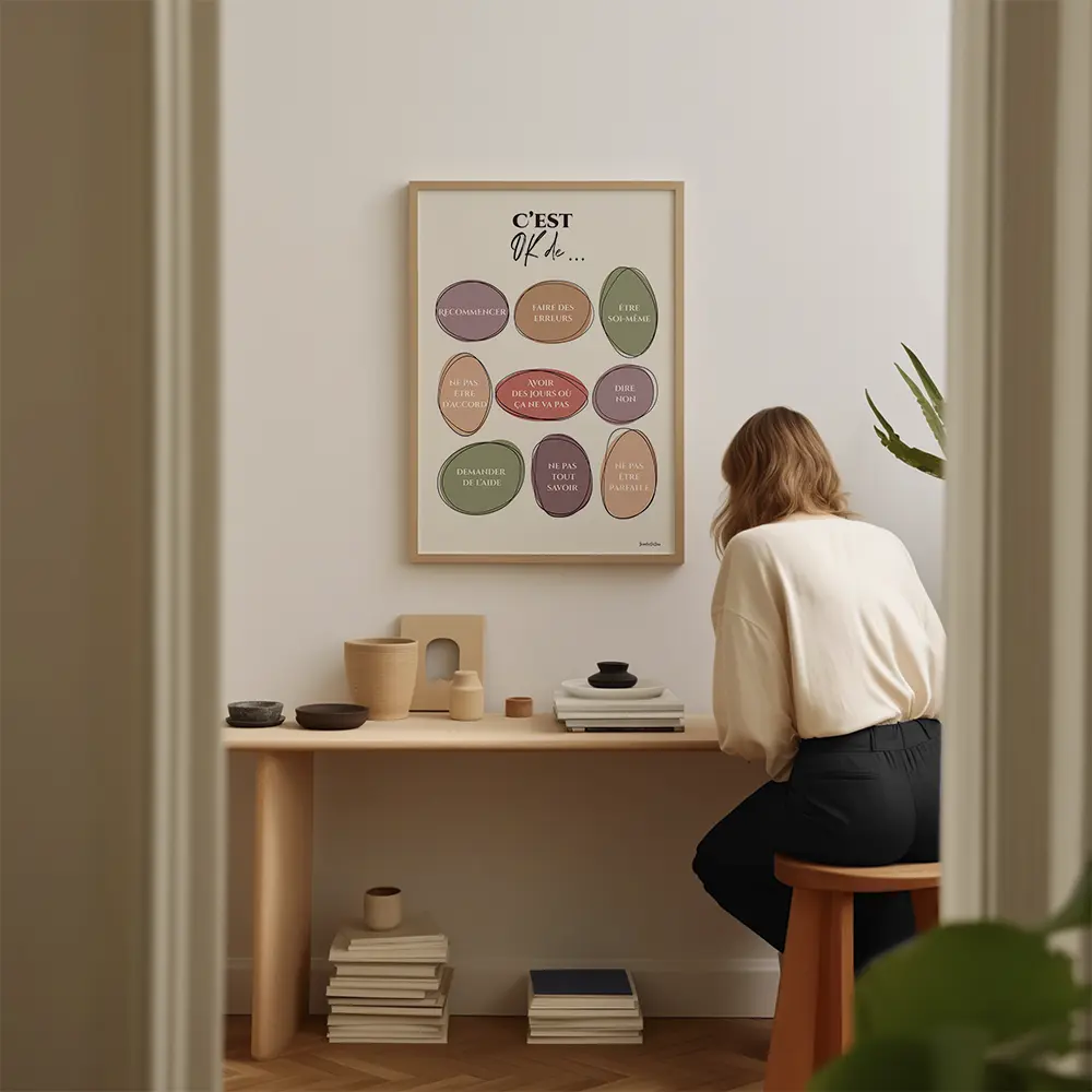 Infographie composée de 9 ovales irréguliers de couleur pastel avec une liste de messages de ce qu'il est OK de faire