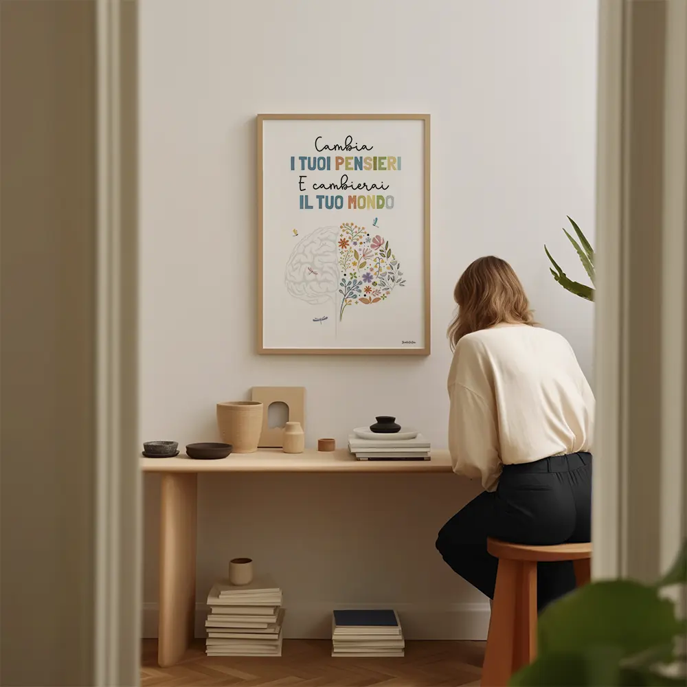 Illustration d'un cerveau floral, ornée de fleurs et de libellules en italien