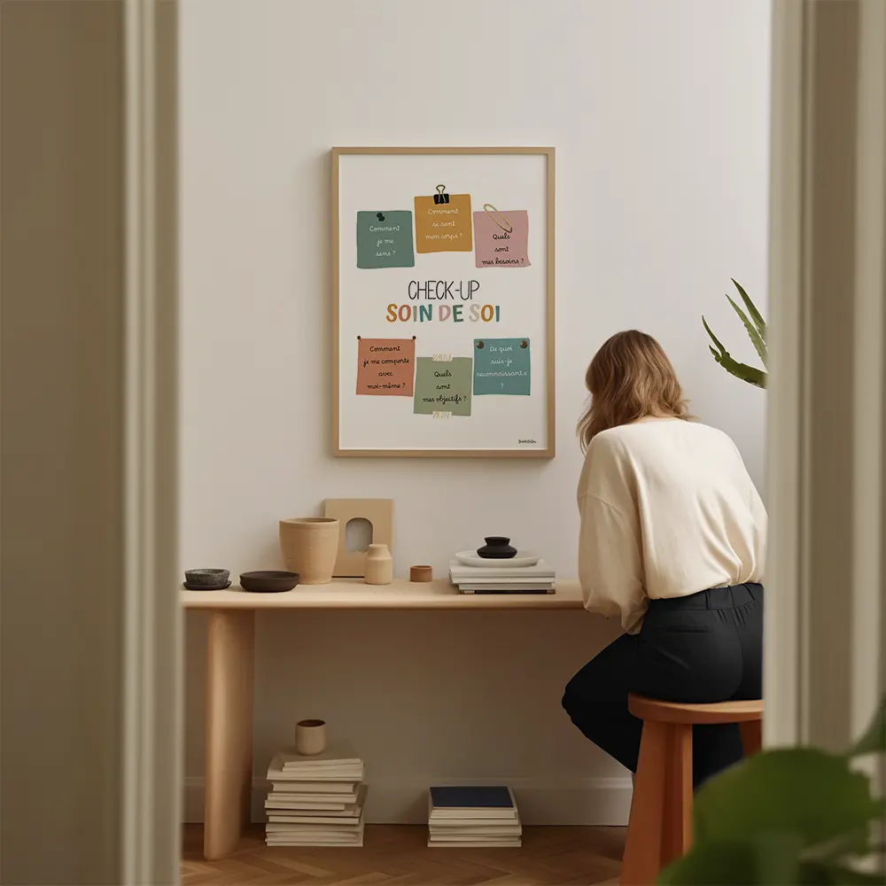 Dessin de six post-it aux couleurs boho contenant chacun une question de santé mentale