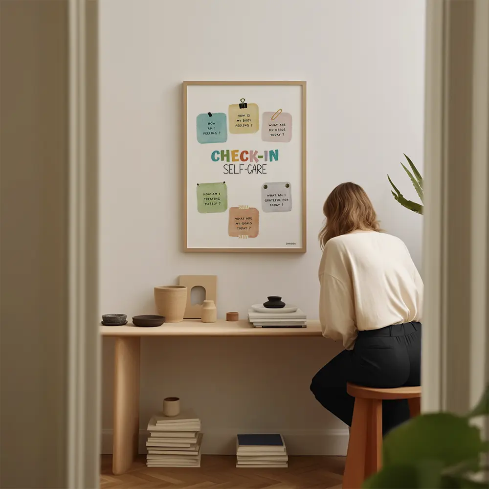 Dessin de six post-it dessinés au crayon contenant chacun une question de santé mentale
