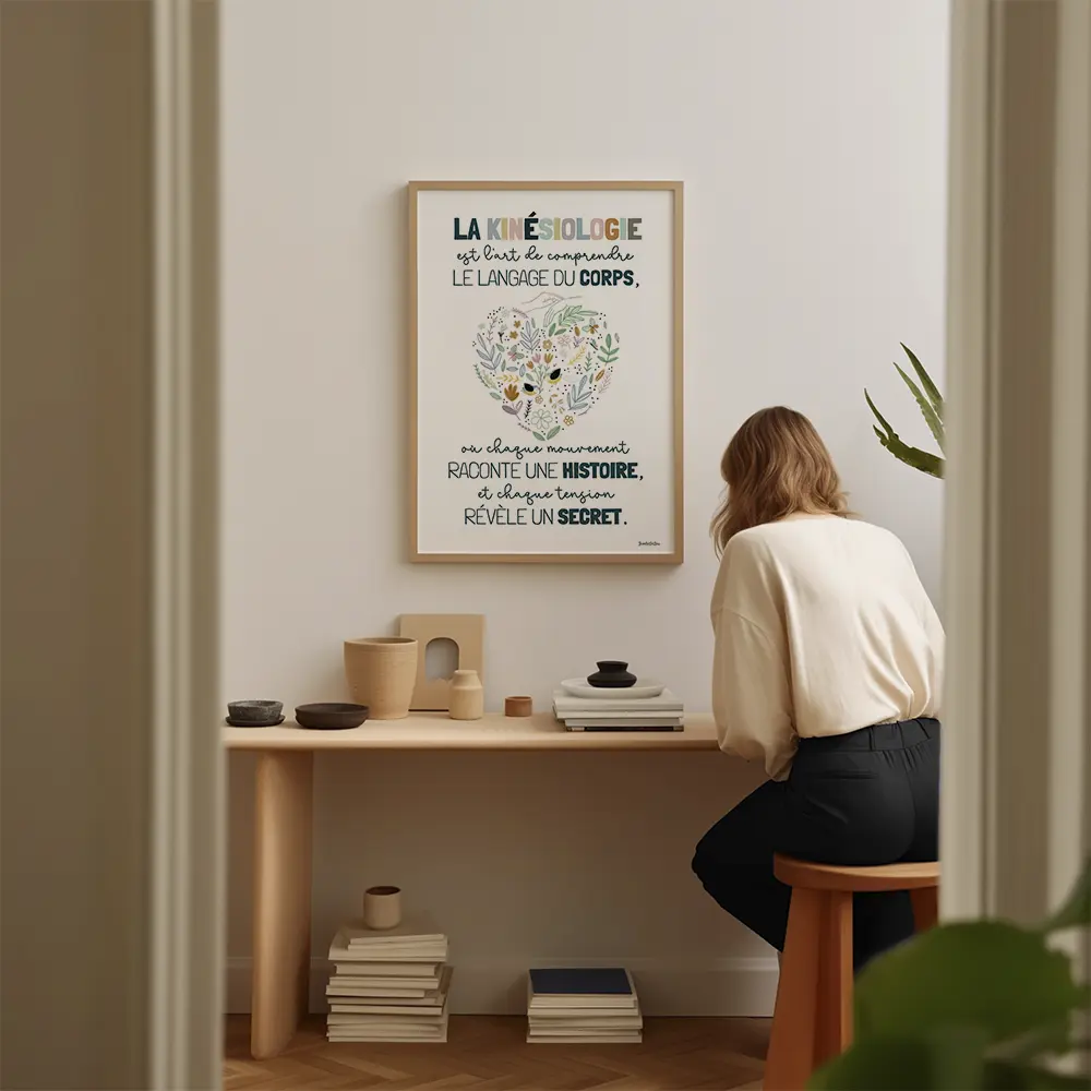 Dessin d'un cœur floral et de mains représentant la définition poétique de la Kinésiologie