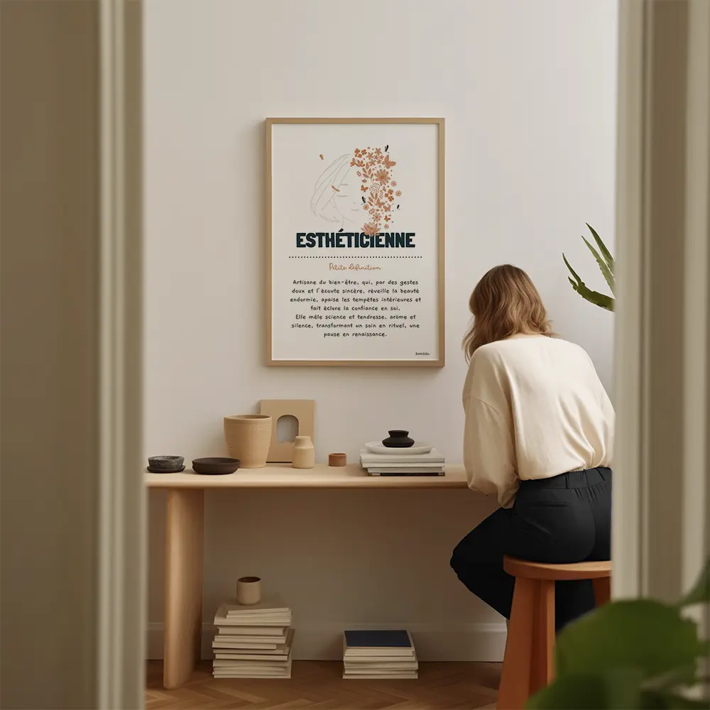 Dessin d’un visage féminin à moitié fleuri accompagné d’une définition poétique du métier d'esthéticienne