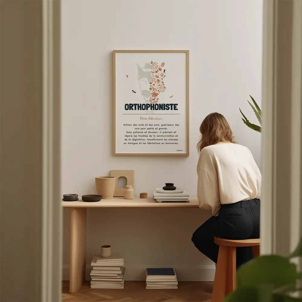 Dessin d'un larynx dont la moitié droite est composée de fleurs avec la définition de l'orthophoniste.