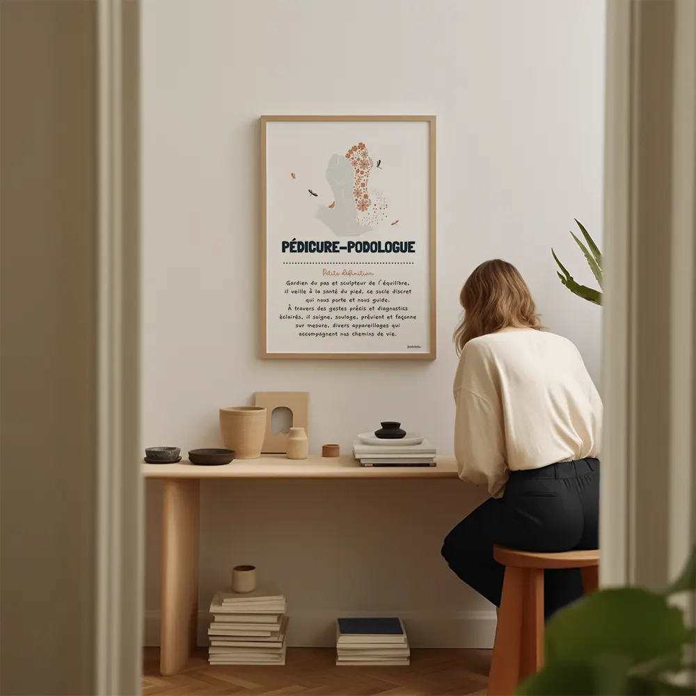 Dessin de pieds à moitié fleuri accompagné d’une définition poétique du métier pédicure podologue