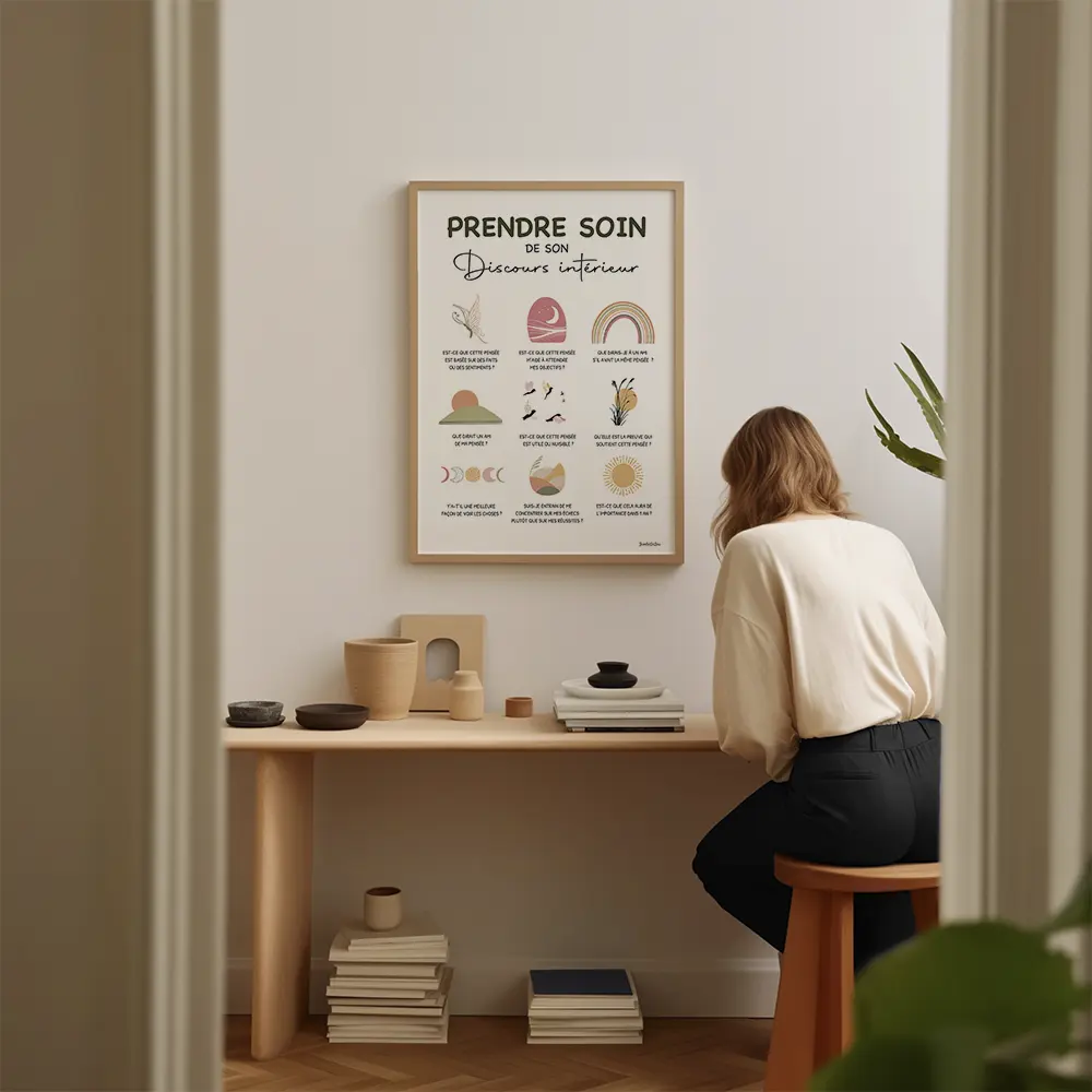 Affiche composée de neuf dessins abstraits aux couleurs sunshine chacun est accompagnée d'un message pour prendre soin de son discours intérieur