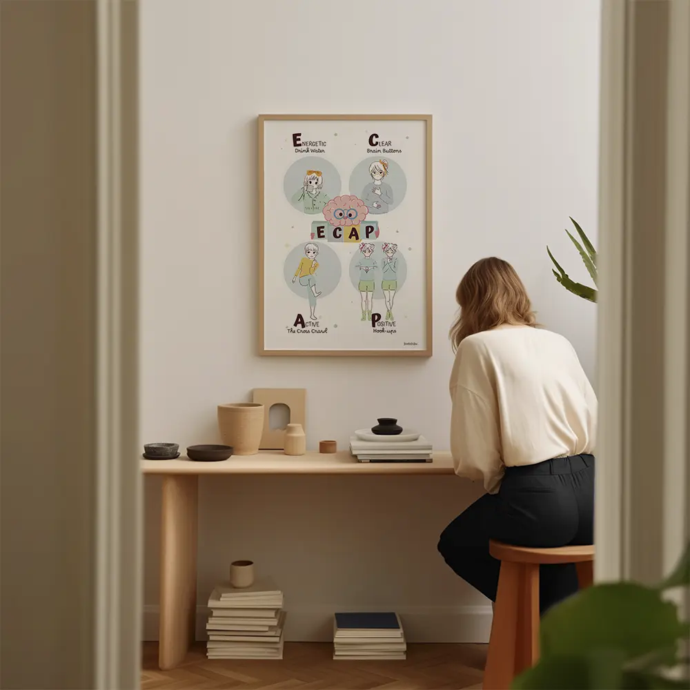 Dessin d'un cerveau rose à lunette au centre qui présente l'ECAP et dans les quatre coins un adolescent qui fait un exercice différent