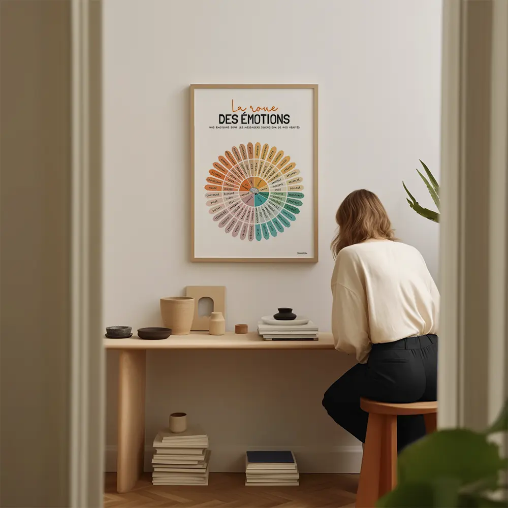 Roue des émotions en dégradé de couleurs avec des sentiments allant de la colère et peur à la joie, calme et surprise.