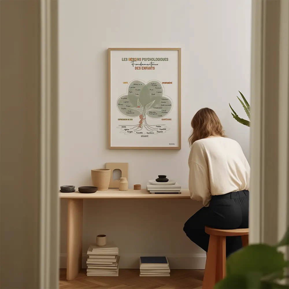 Dessin d'un arbre dont le tronc est entouré par une silhouette de fille l'arbre et remplis de textes de besoins d'enfants