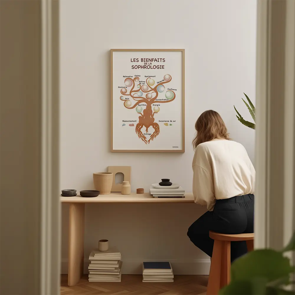 Arbre de vie représenté par une silhouette de femme reliée à la terre par des racines et dont les feuilles sont des bulles colorées