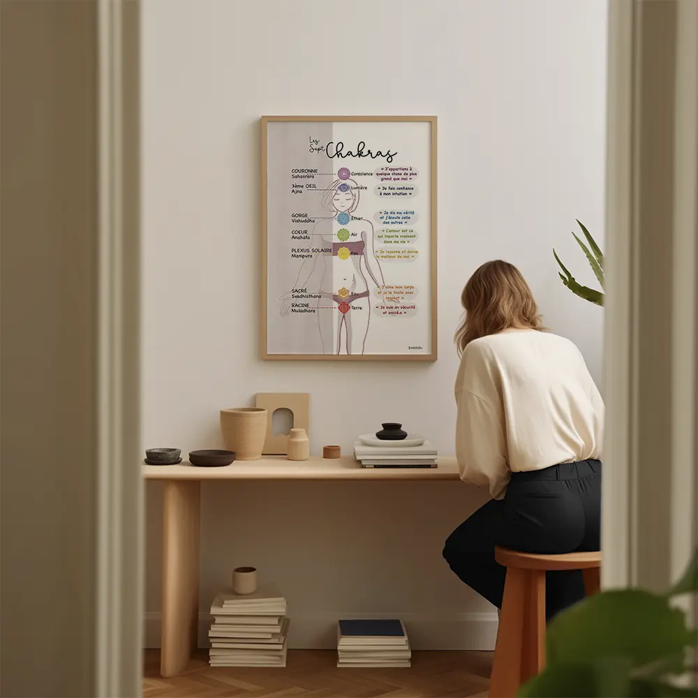Dessin d'une femme avec l'emplacement des septs chakras