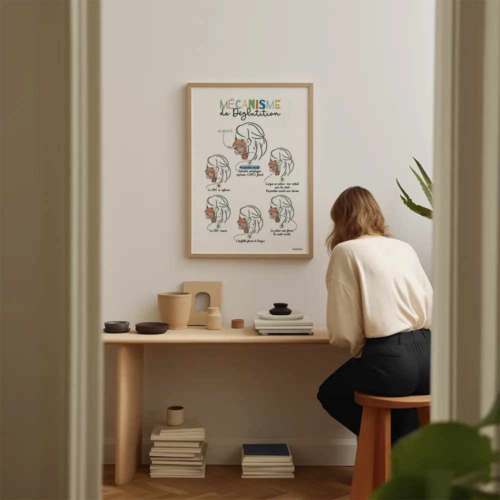 Six dessins vus en coupe avec légendes des différentes étapes de la déglutition.