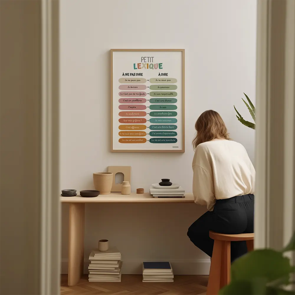 Dessin d'un tableau de deux colonnes aux couleurs Aquarelle, à gauche les phrases à ne pas dire, à droite les phrases à dire à la place