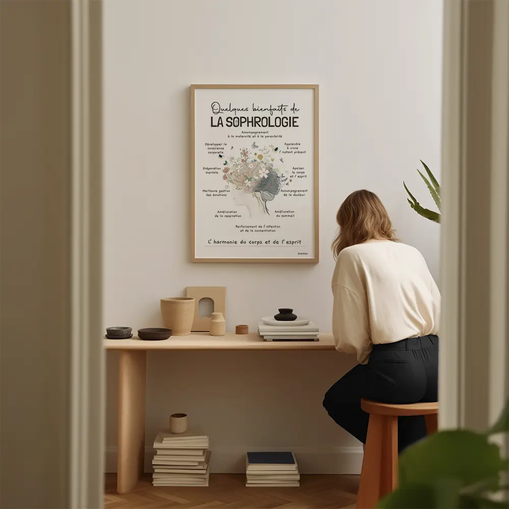 Dessin d'un visage surmonté d'un cerveau fleuri listant les bienfait de la sophrologie