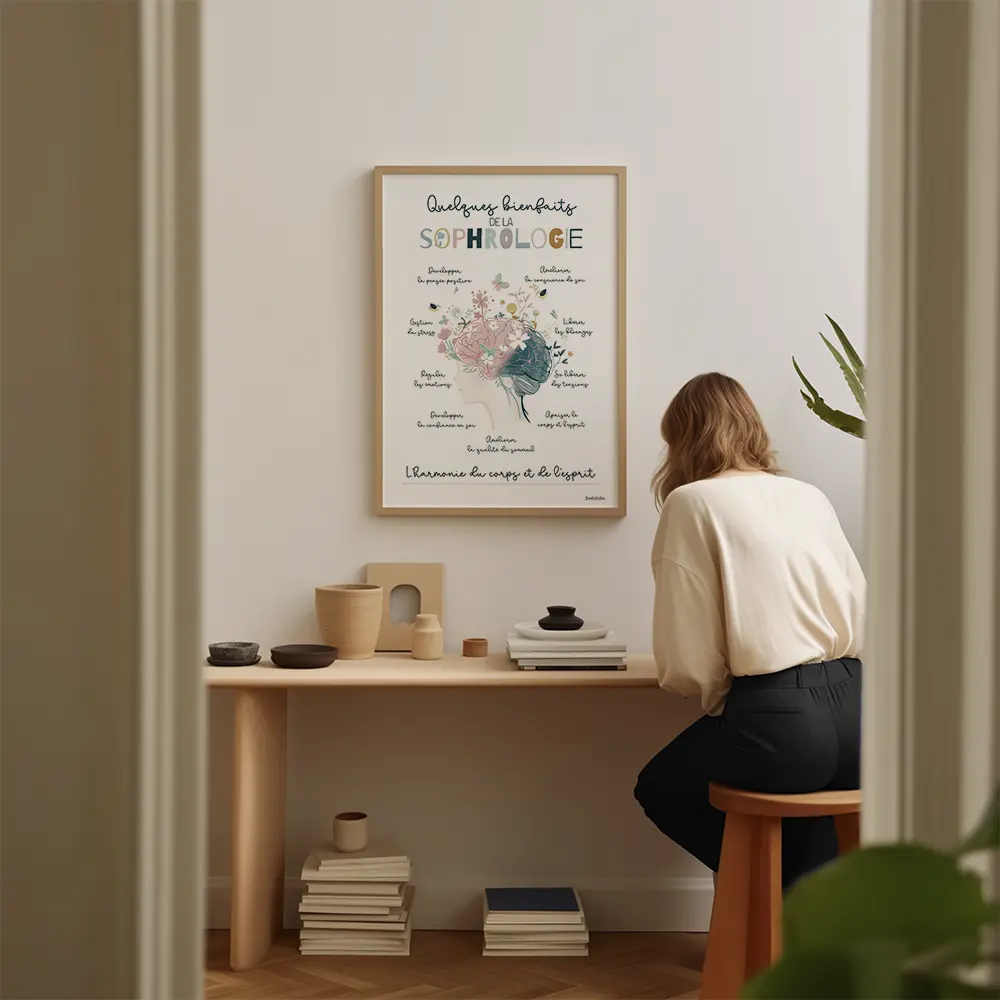 Dessin d'un visage surmonté d'un cerveau fleuri listant les bienfait de la sophrologie