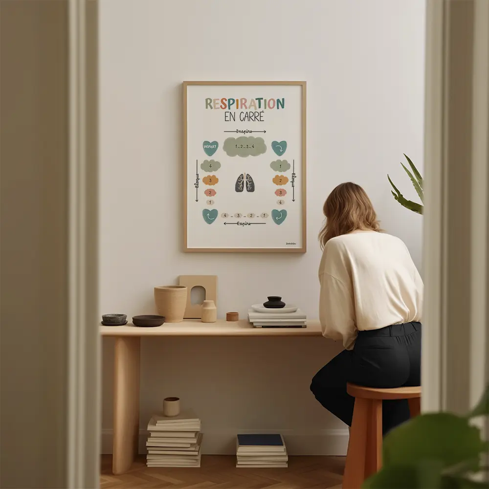 Dessin de poumons au centre entourés de nuages tout autours guidant la respiration en utilisant la méthode de respiration carrée