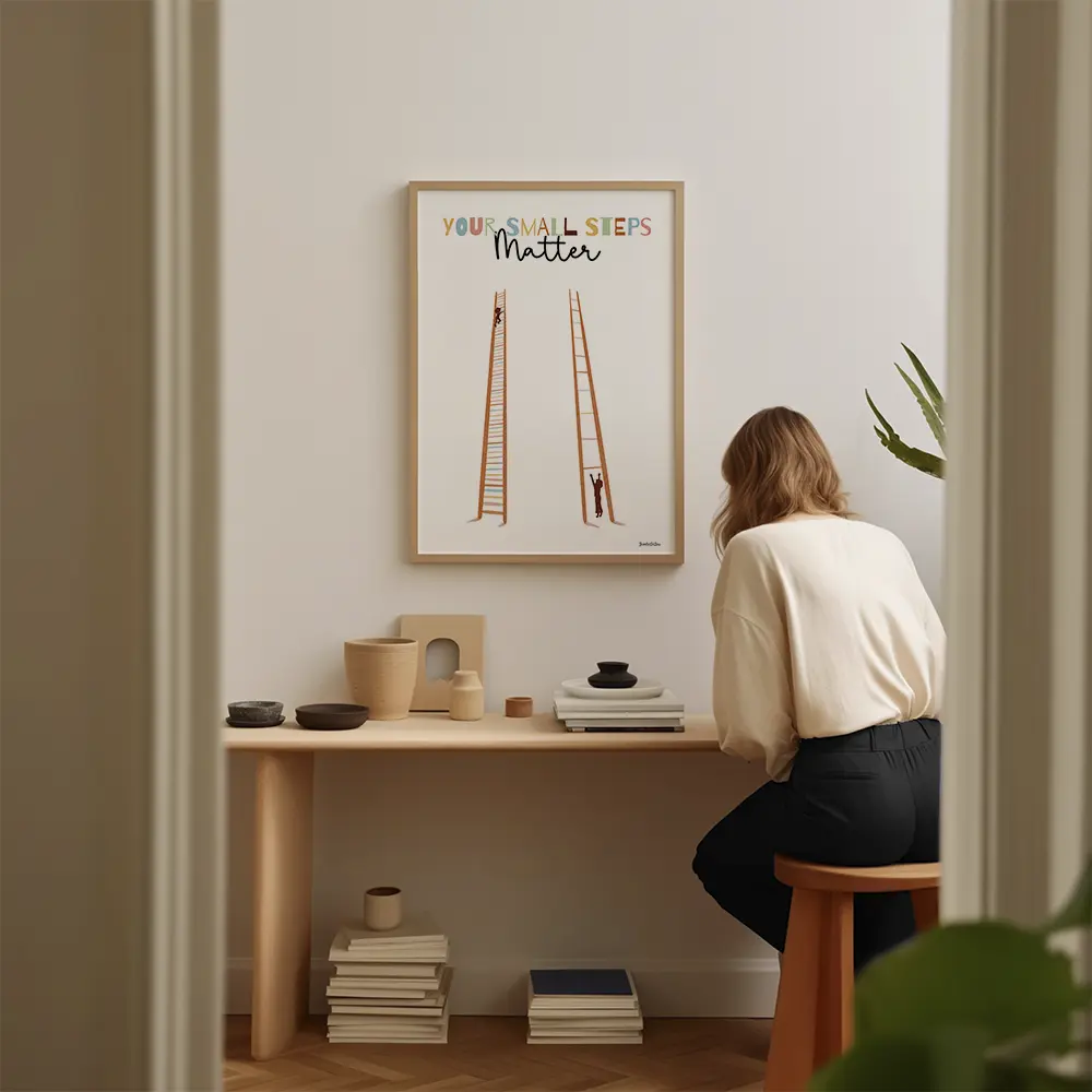 Dessin de deux échelles l'une avec des barreaux beaucoup moins espacés que l'autre et deux silhouettes d'enfant grimpant à un niveau différent