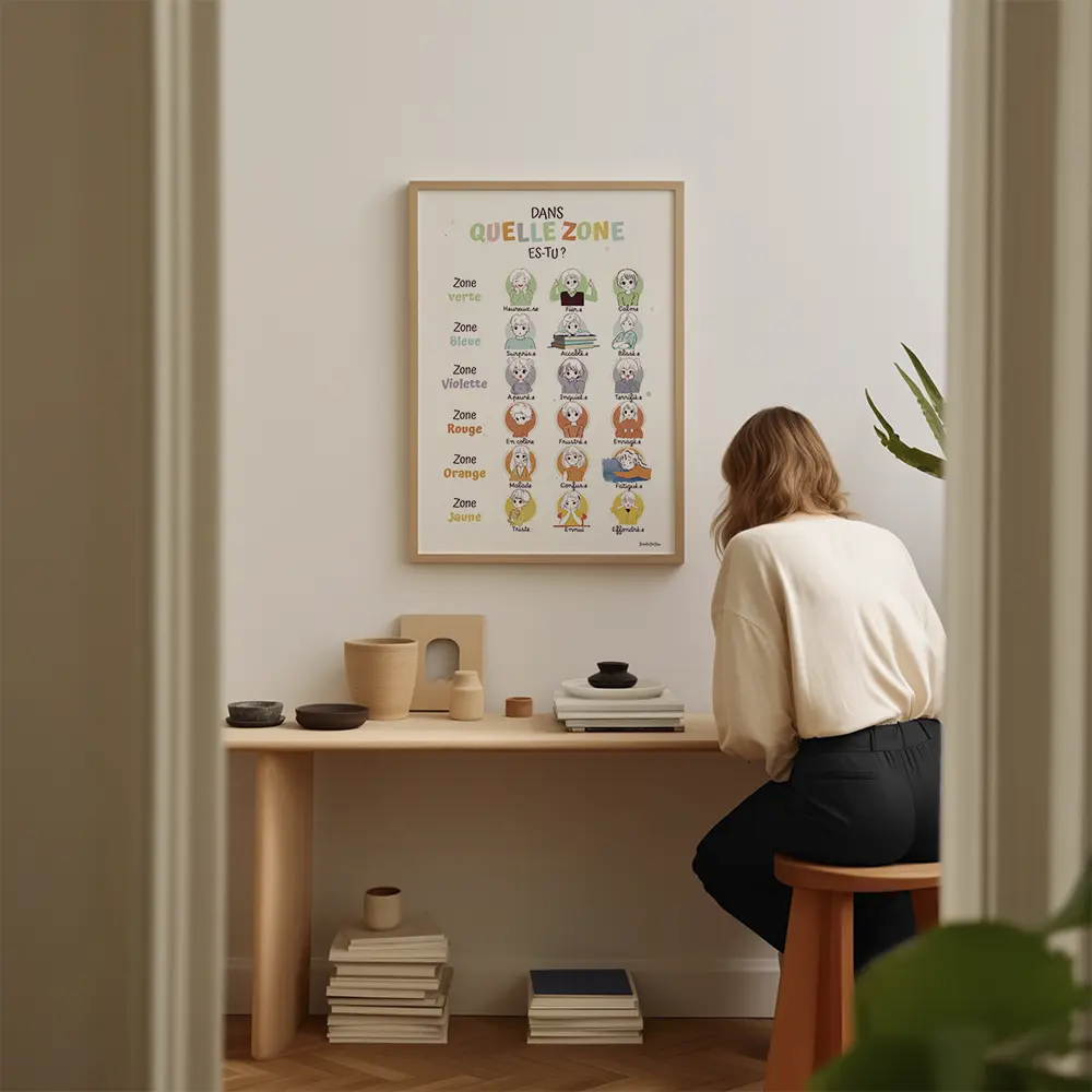 Dessin de 18 enfants colorés exprimant différentes émotions