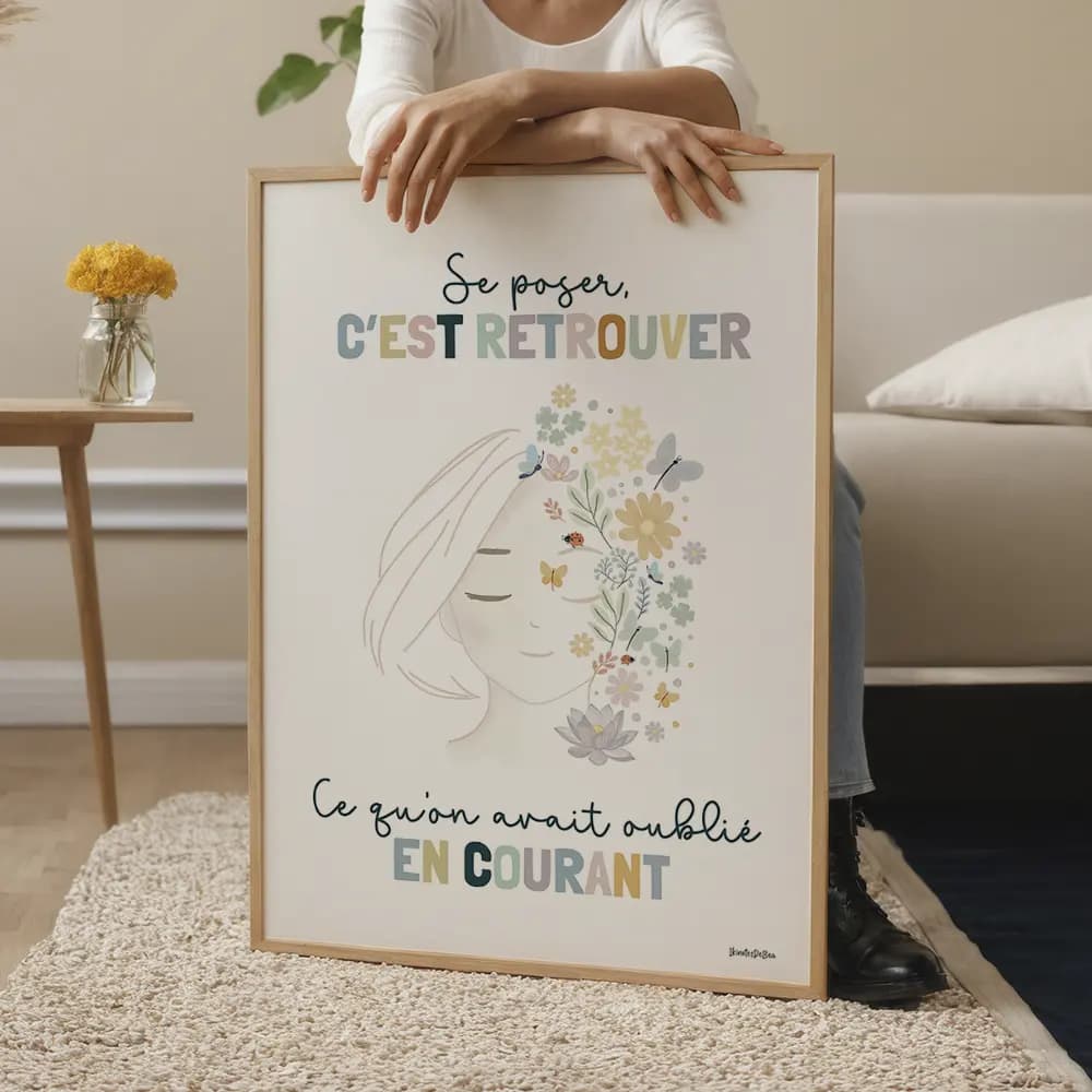 Dessin d’un visage féminin orné de fleurs et d’une citation inspirée de l’univers de l’esthétique