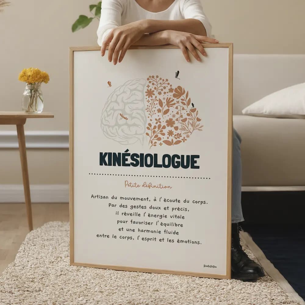 Dessin d’un cerveau à moitié fleuri accompagné d’une définition poétique du métier de kinésiologue