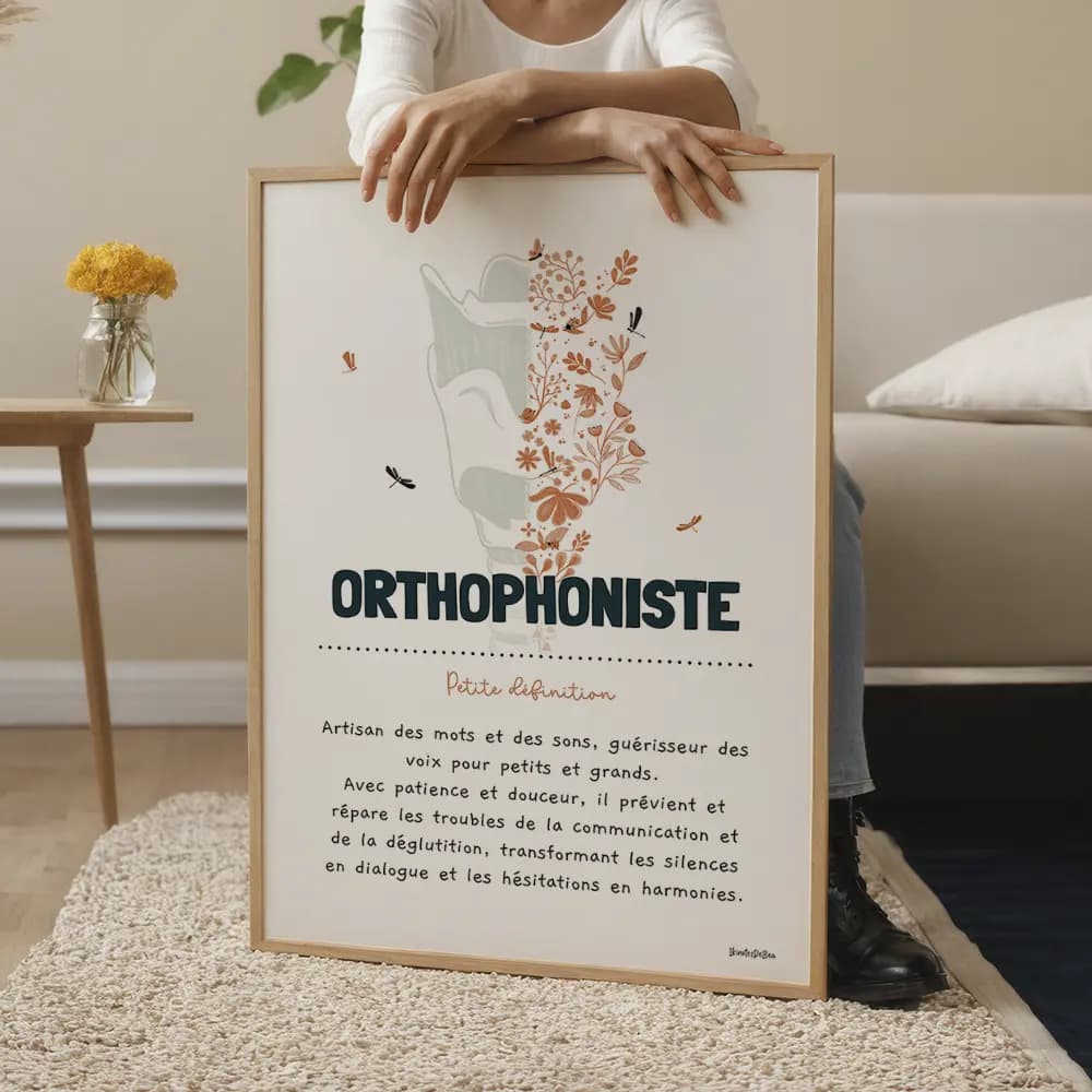 Dessin d'un larynx dont la moitié droite est composée de fleurs avec la définition de l'orthophoniste.