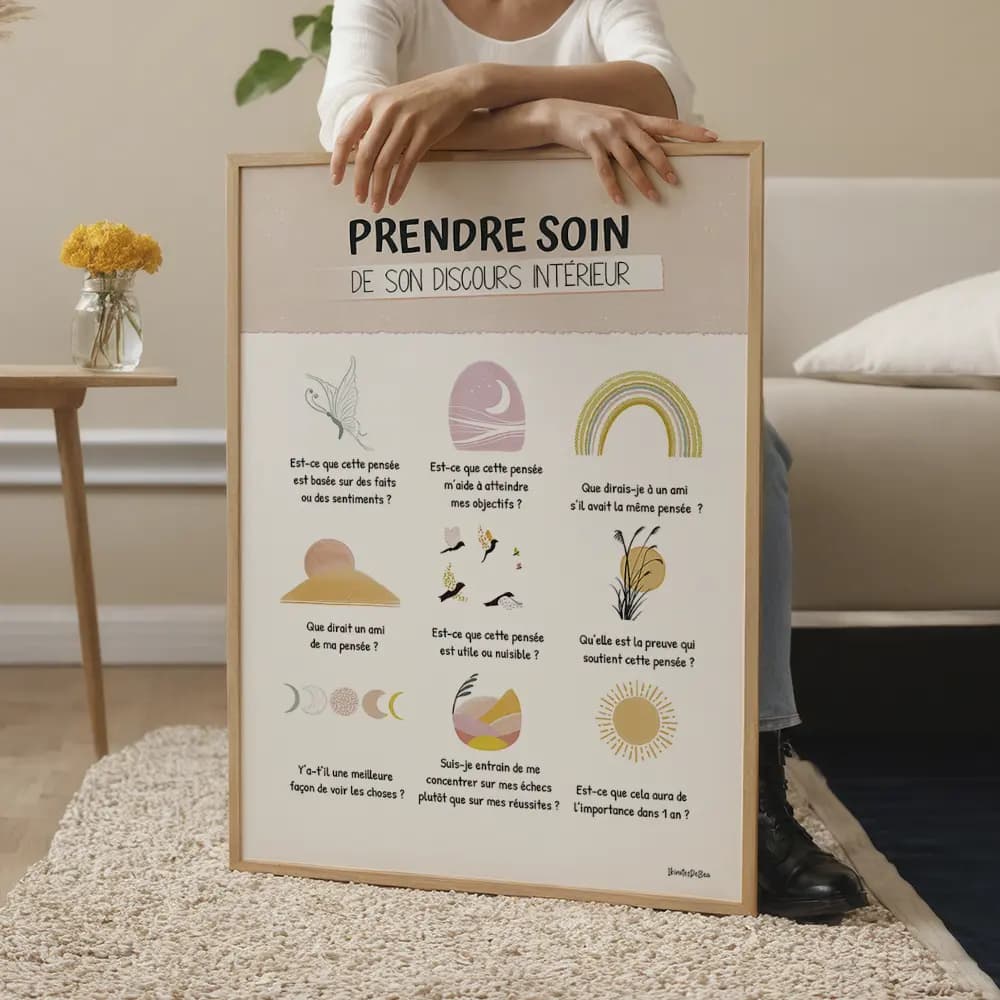 Affiche composée de neuf dessins abstraits aux couleurs pastel chacun est accompagnée d'un message pour prendre soin de son discours intérieur