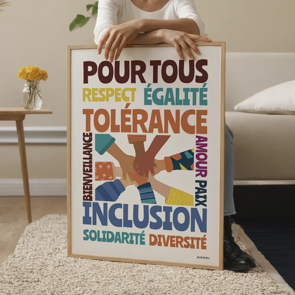 Dessin de 8 mains d'enfant posées l'une sur l'autre au centre entourées d'une liste de mots bienveillants de couleurs et taille différentes
