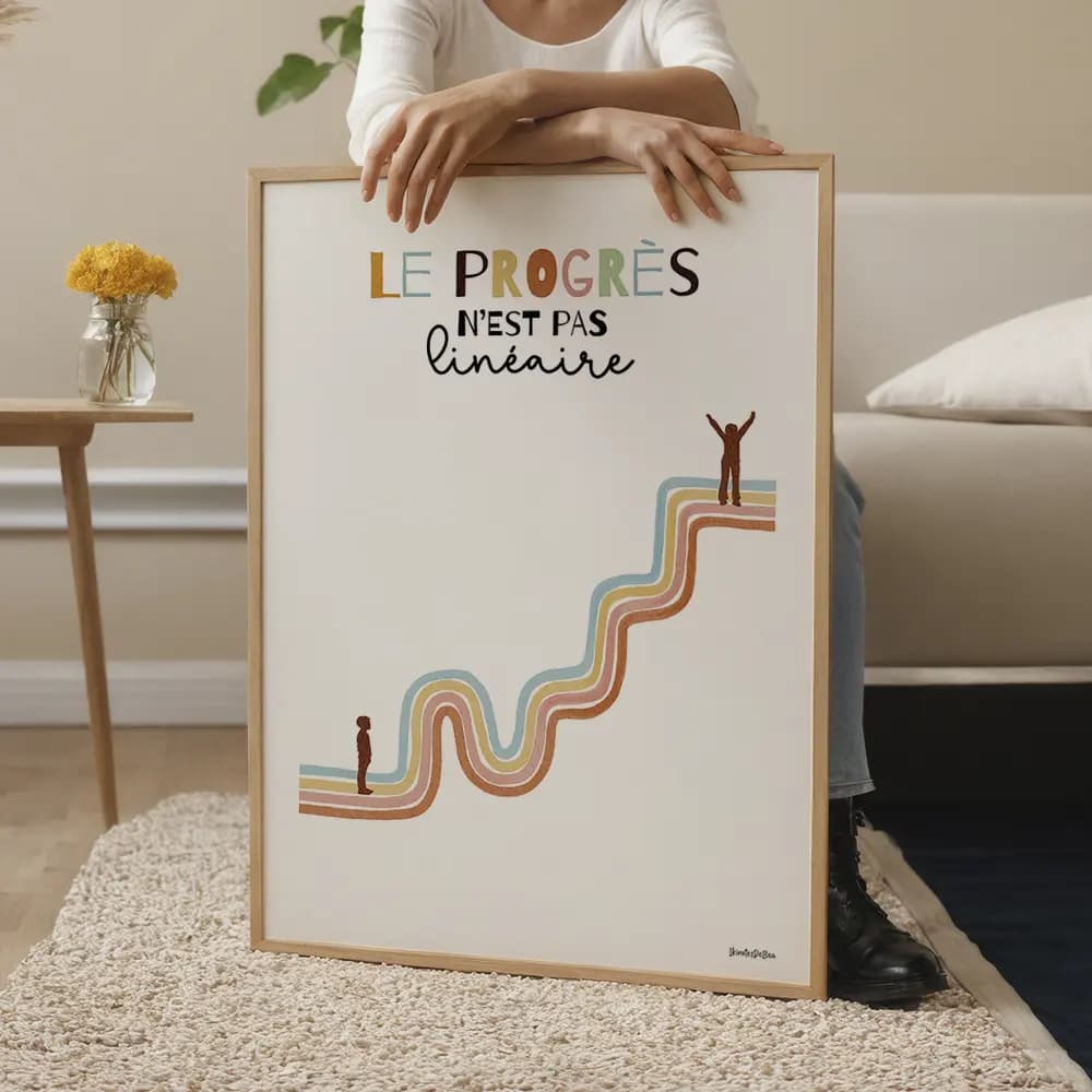 Dessin d'une courbe non linéaire représentant le progrès avec deux silhouettes d'enfants, une en bas et l'autre en haut