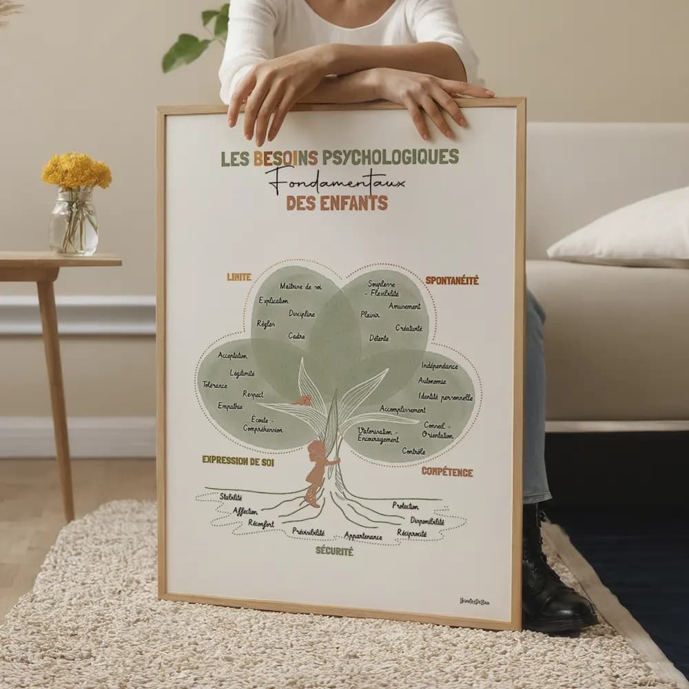 Dessin d'un arbre dont le tronc est entouré par une silhouette de fille l'arbre et remplis de textes de besoins d'enfants