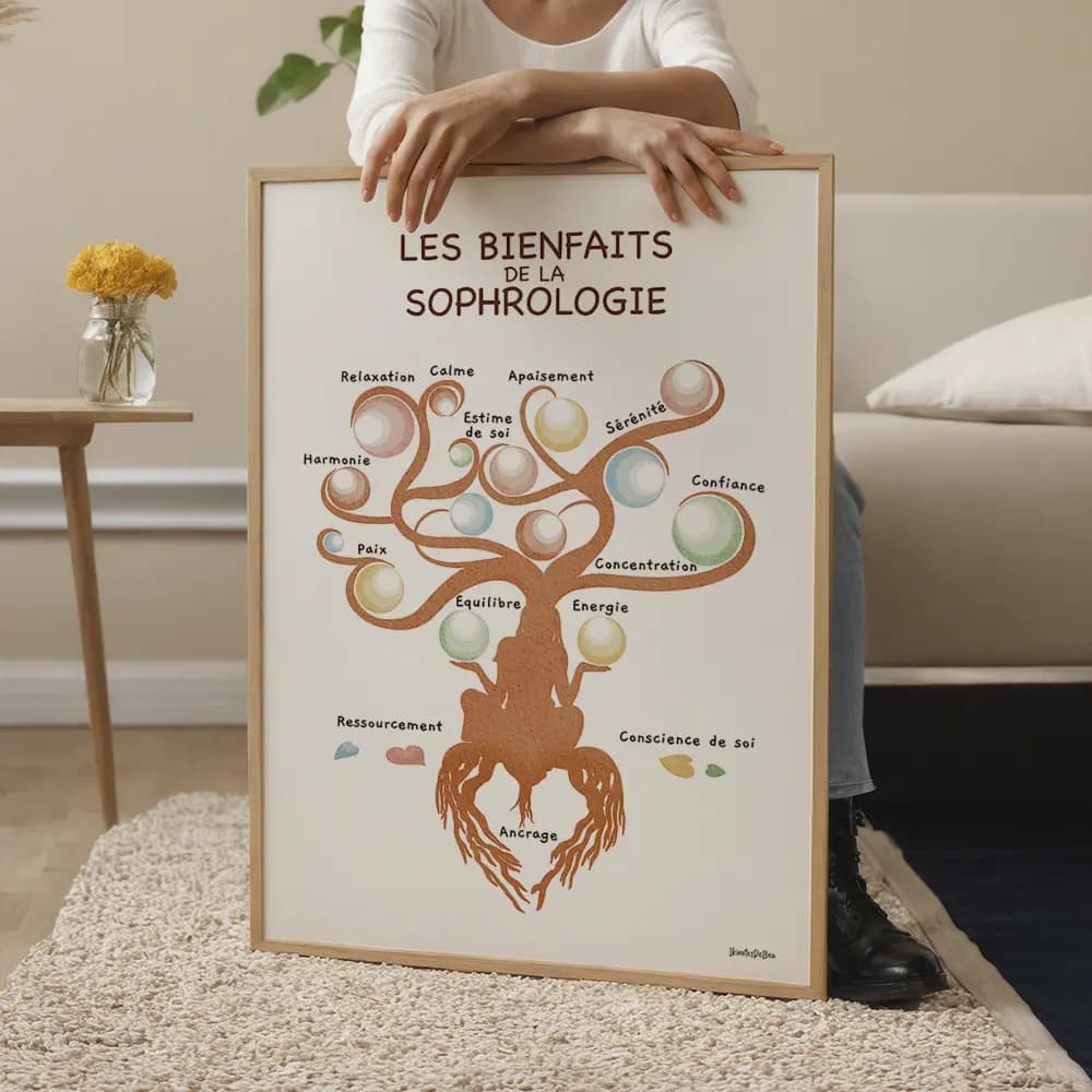 Arbre de vie représenté par une silhouette de femme reliée à la terre par des racines et dont les feuilles sont des bulles colorées