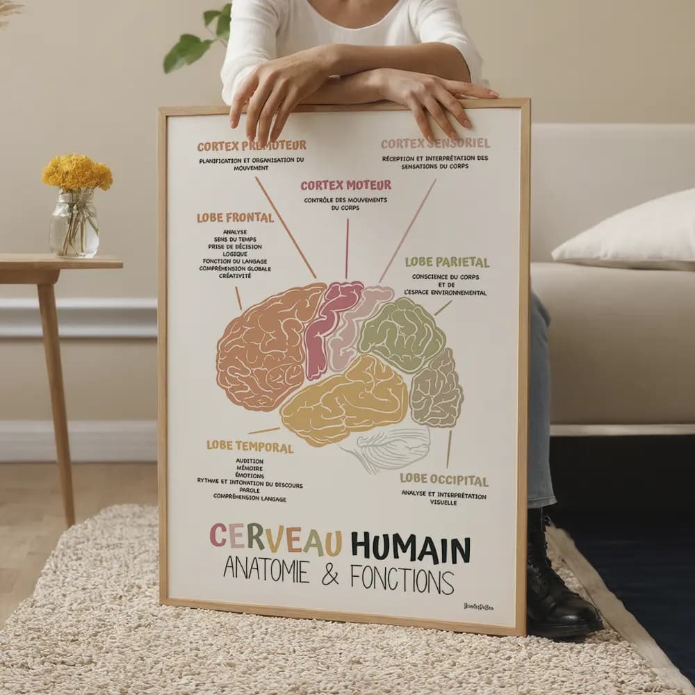 Affiche Anatomie cerveau en français, Décor bureau de thérapie, Art mural Cerveau humain Conseiller scolaire, Ergothérapie et Psychologie