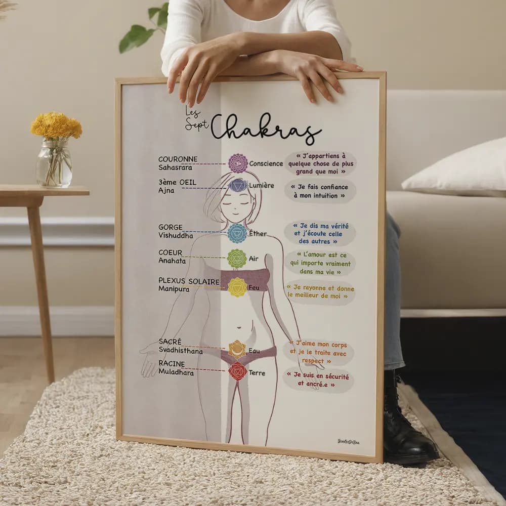 Dessin d'une femme avec l'emplacement des septs chakras