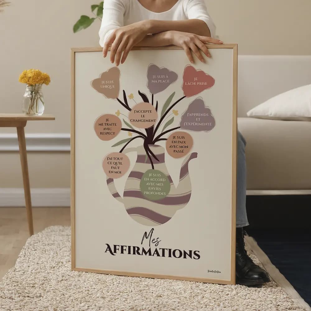 Dessin d'un vase en forme de cruche provençale contenant un bouquet de fleurs dont chaque fleurs est une bulle contenant une affirmation positive
