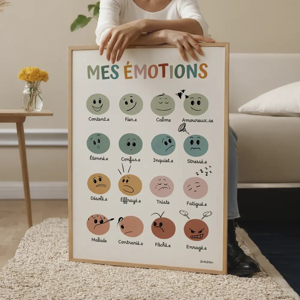 Dessin de 16 visages smileys représentant chacun une émotion différente les couleurs sont en dégradé partant du vert jusqu'au rouge