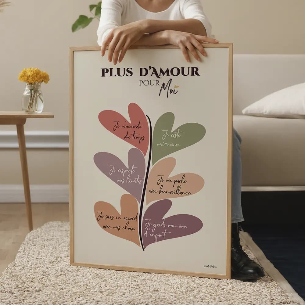 Dessin abstrait d'une plante dont les feuilles, en forme de coeurs colorées, sont des affirmations positives.