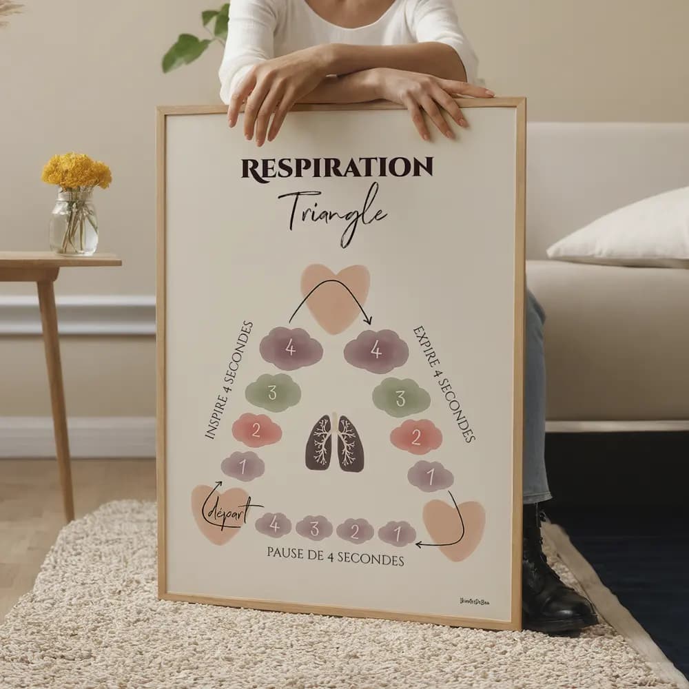 Dessin de poumons au centre entouré d'un triangle servant à guider la respiration