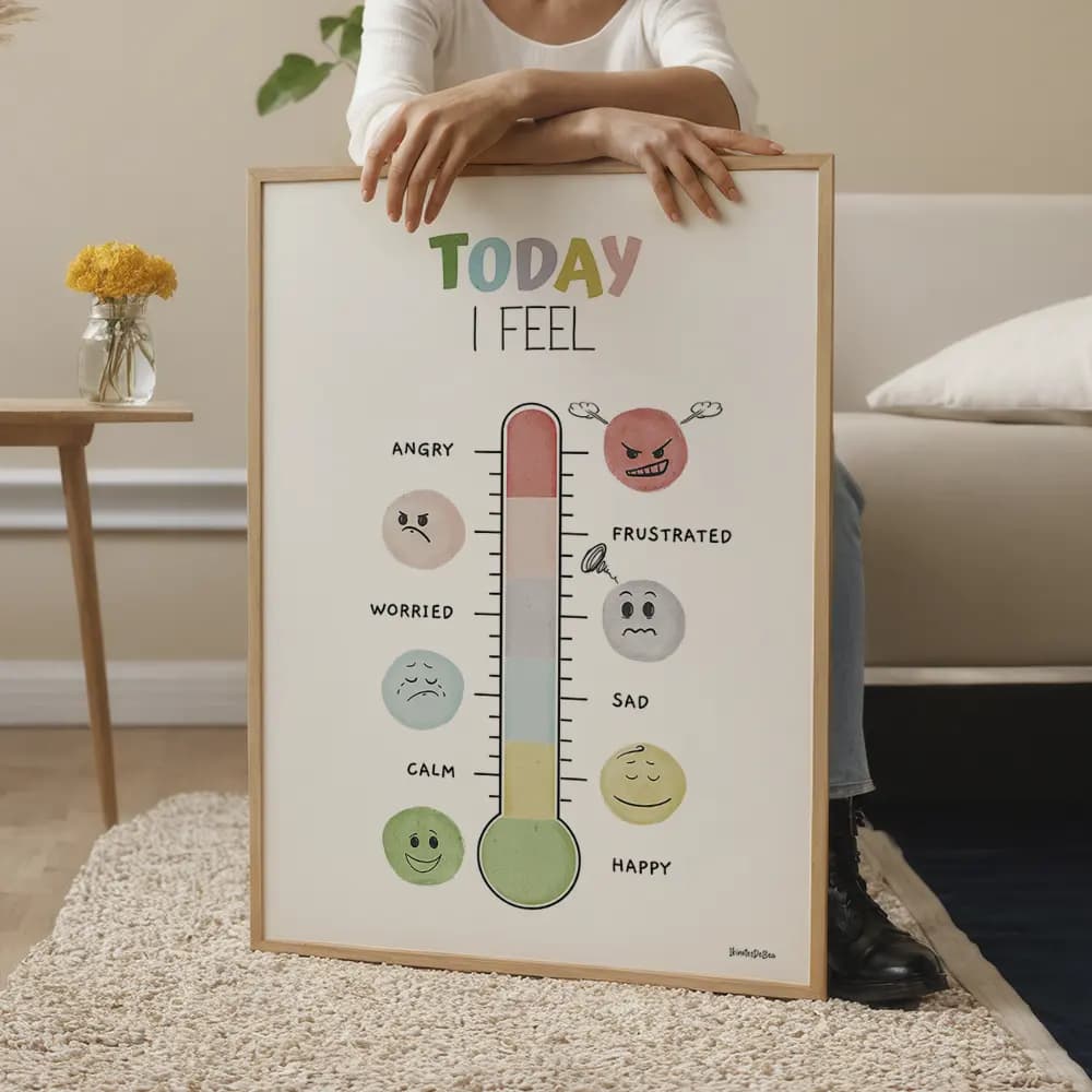 Dessin d'un thermomètre dont chaque graduation est accompagnée d'un smiley correspondant représente un degré d'émotion