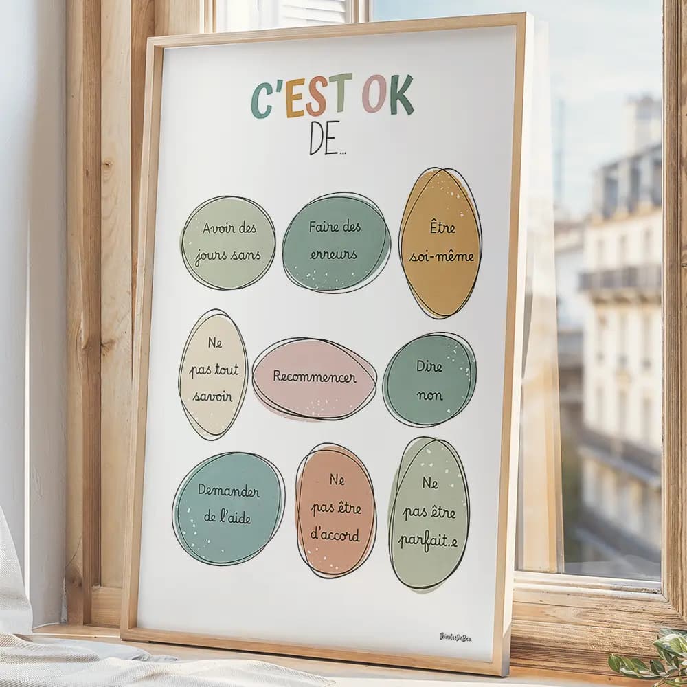 Infographie composée de 9 ovales irréguliers de couleur boho avec une liste de messages de ce qu'il est OK de faire