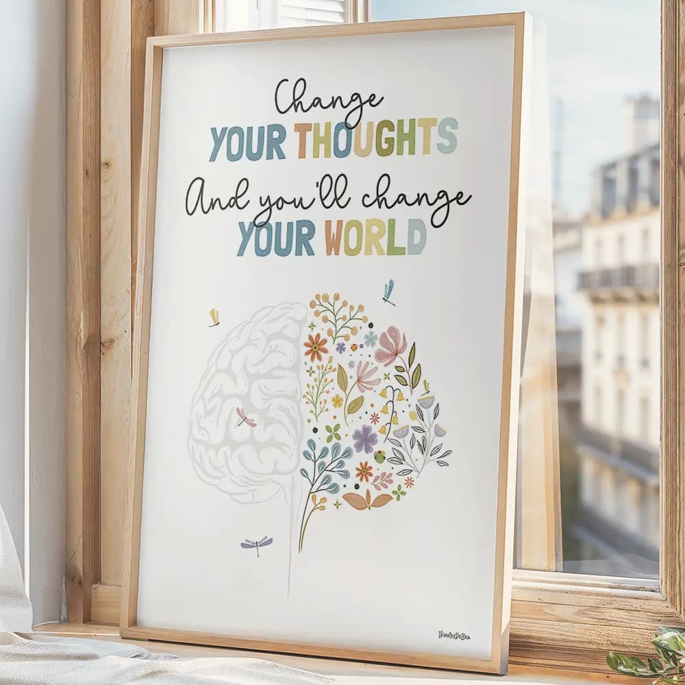 Illustration d'un cerveau floral, ornée de fleurs et de libellules en anglais