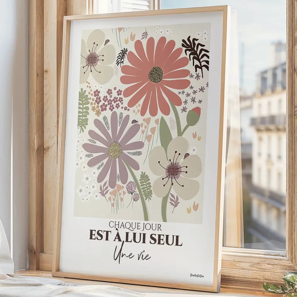 Illustration dessinée à la main en couleurs pastel d'une multitude de fleurs et plantes de différentes taille et forme