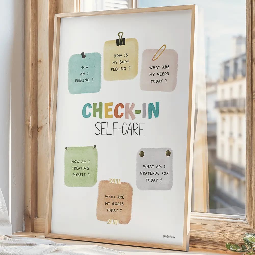 Dessin de six post-it dessinés au crayon contenant chacun une question de santé mentale