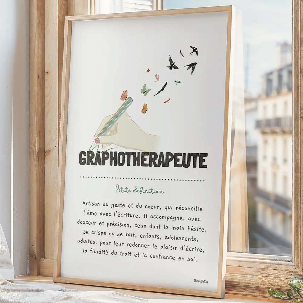 Dessin d'une main en couleur qui tient un stylo qui se termine en envolée d'oiseau pour définir le métier de graphothérapeute