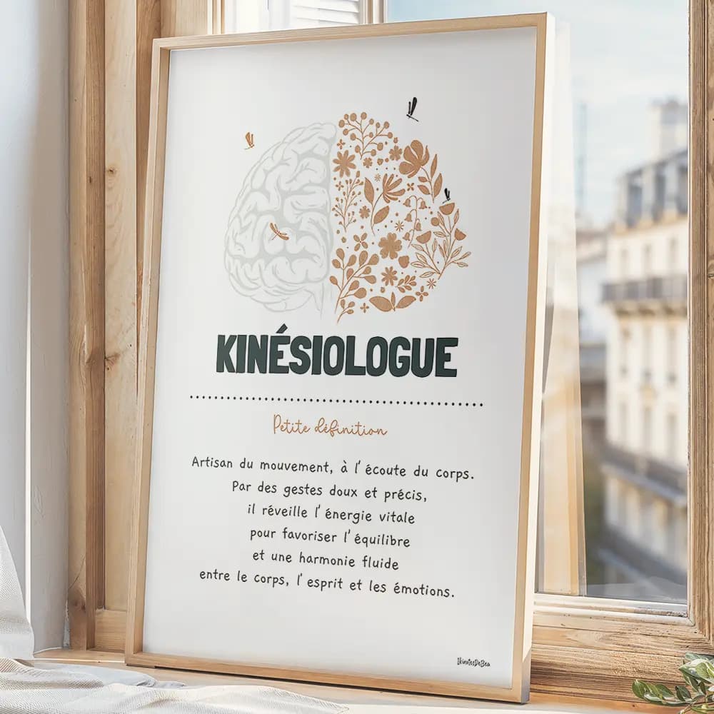 Dessin d’un cerveau à moitié fleuri accompagné d’une définition poétique du métier de kinésiologue