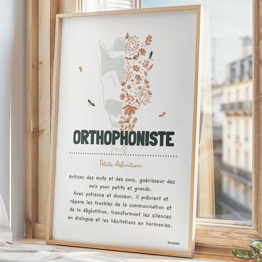 Dessin d'un larynx dont la moitié droite est composée de fleurs avec la définition de l'orthophoniste.