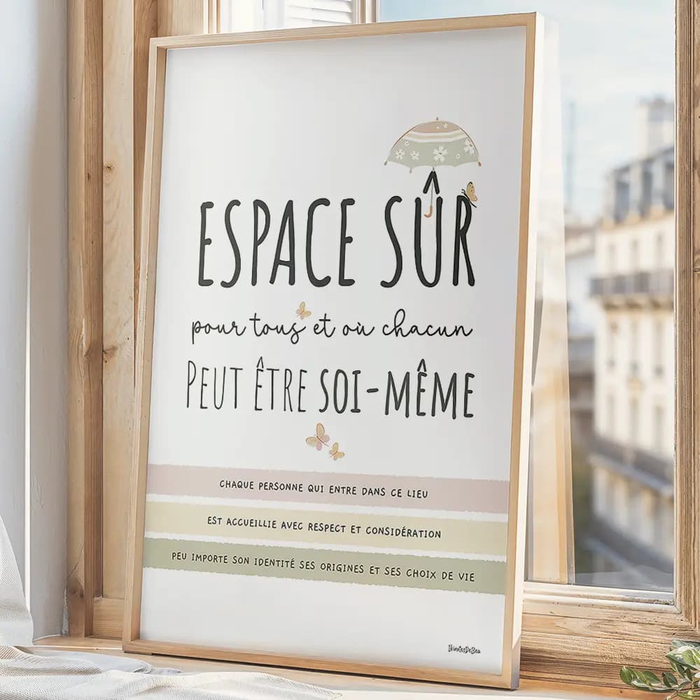 Dessin d'un message indiquant un espace sûr protégé par un parapluie