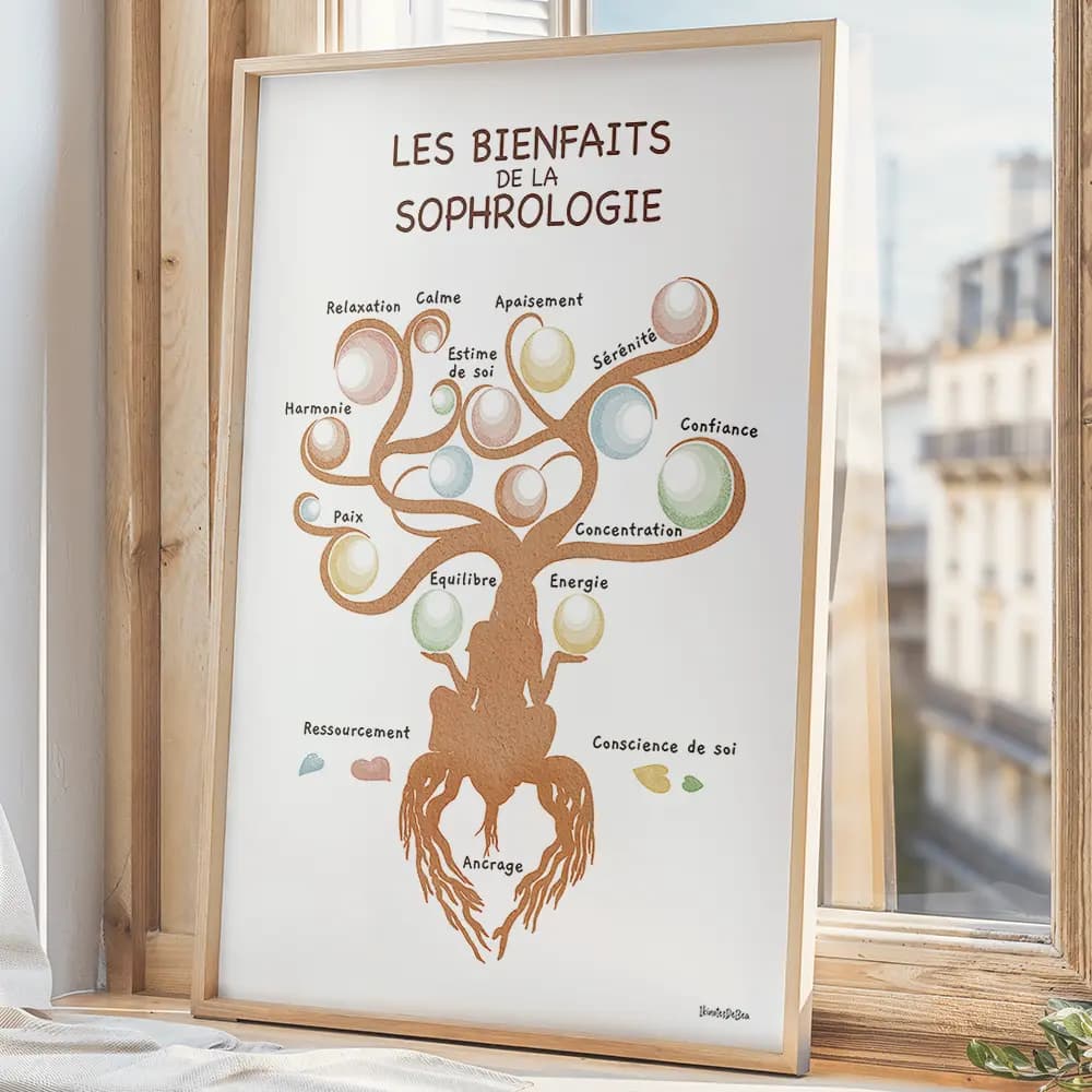 Arbre de vie représenté par une silhouette de femme reliée à la terre par des racines et dont les feuilles sont des bulles colorées