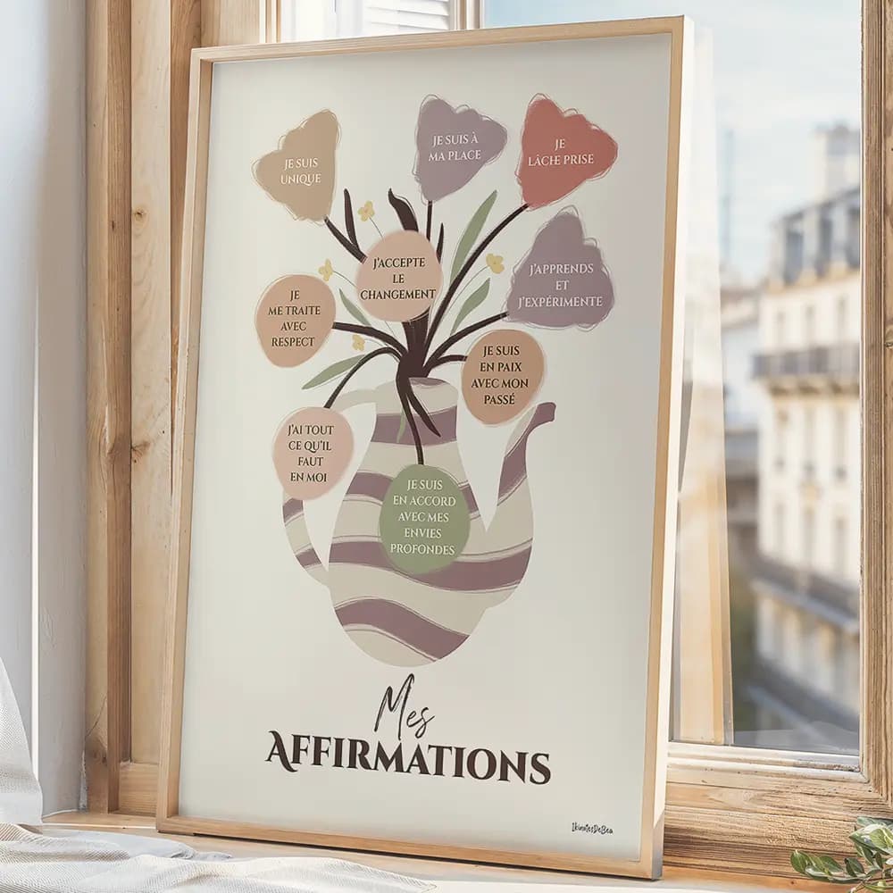 Dessin d'un vase en forme de cruche provençale contenant un bouquet de fleurs dont chaque fleurs est une bulle contenant une affirmation positive