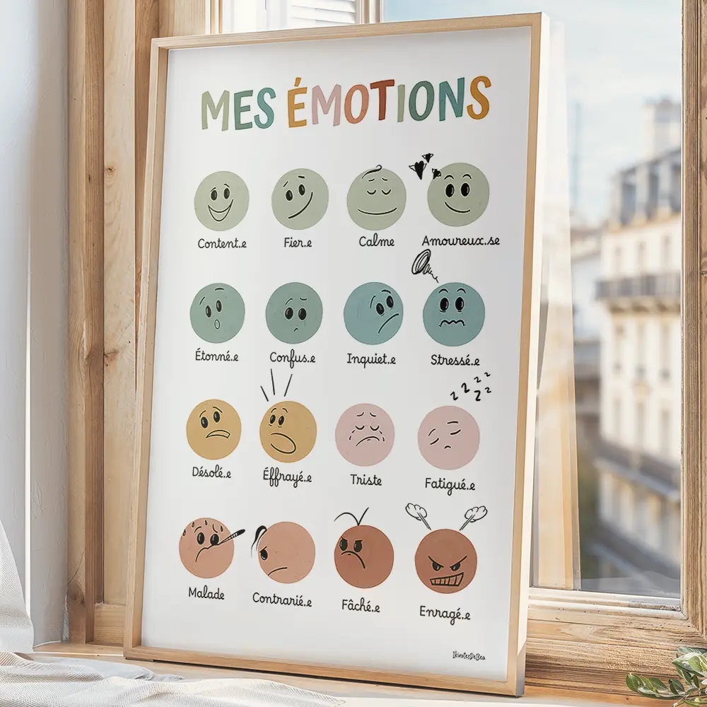 Dessin de 16 visages smileys représentant chacun une émotion différente les couleurs sont en dégradé partant du vert jusqu'au rouge