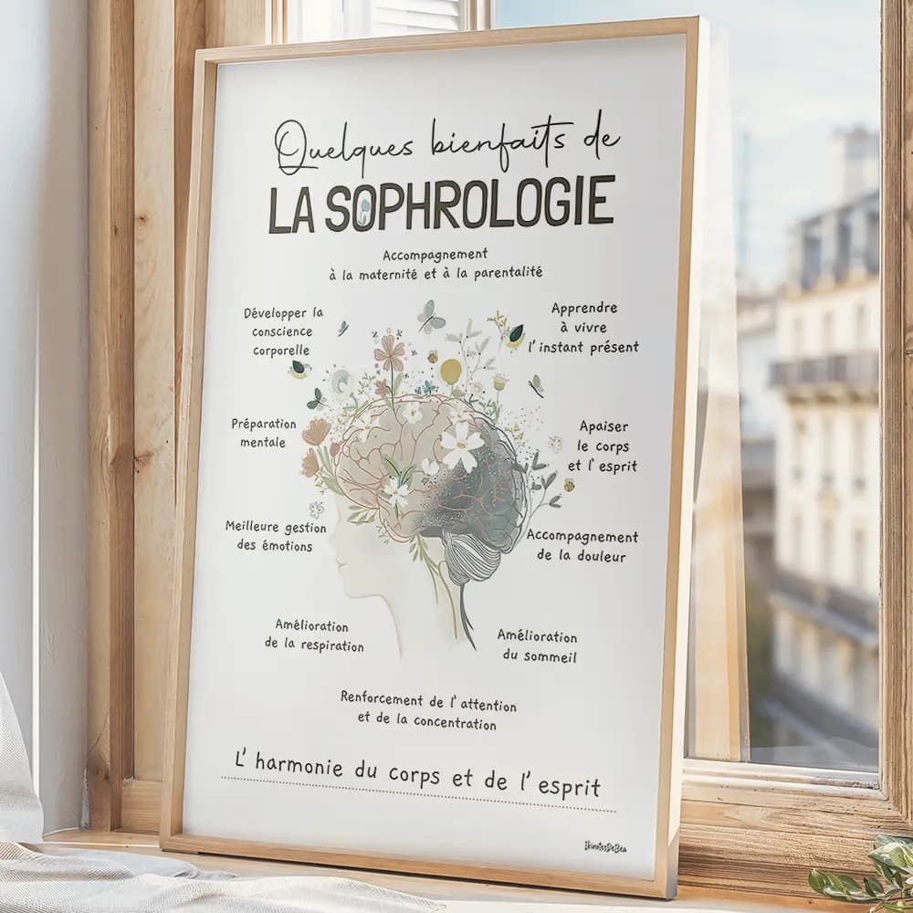 Dessin d'un visage surmonté d'un cerveau fleuri listant les bienfait de la sophrologie