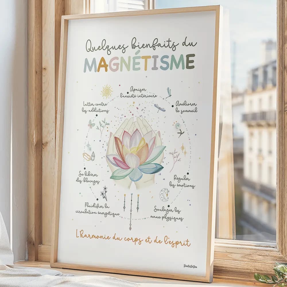 Dessin d'un lotus au centre entouré d'éléments graphique en lien avec le magnétisme
